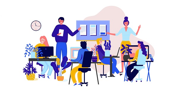 Flat cartoon vector illustration with working people. Set of scenes with efficient and effective time management and multitasking at work. Creative people