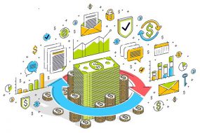 Money circulation, return on investment, currency exchange, cash back, money refund, concepts can be used. Vector 3d isometric business illustration with icons, stats charts and design elements. Resources for Modeling %26 Costs