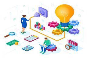 Creative Idea. Isometric Idea concept. Light bulb with gears. Business concept for teamwork, cooperation, partnership. Vector illustration infographic template with people, team, light bulb and icon. Program Evaluation Tools