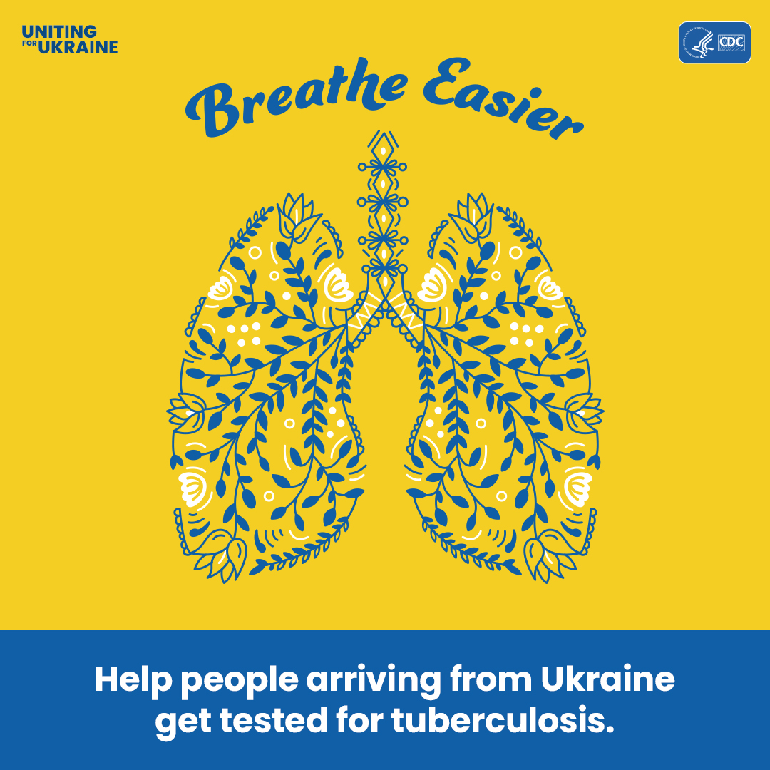 CDC-TB-U4U-Social-Orangic-Sponsors-Static-V2_ENG Illustration of lungs in Ukrainian folk art style. Content reads: Breathe Easier. Help people arriving from Ukraine get tested for tuberculosis.