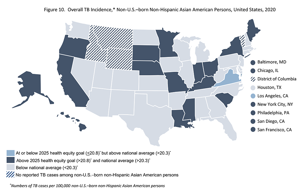Figure10. Overall TB Incidence, Non-U.S.-born Non-Hispanic Asian American Persons, U.S., 2020 Figure10. Overall TB Incidence, Non-U.S.-born Non-Hispanic Asian American Persons, U.S., 2020