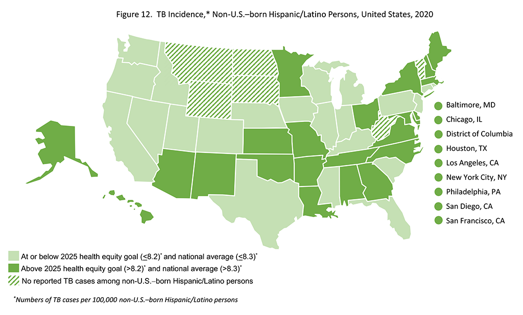 Figure12. TB Incidence, Non-U.S.-born Hispanic/Latino Persons, U.S., 2020 Figure12. TB Incidence, Non-U.S.-born Hispanic/Latino Persons, U.S., 2020