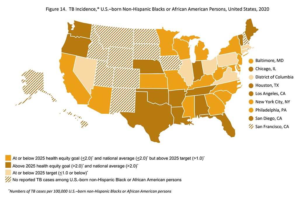 Figure14. TB Incidence, U.S.-born Non-Hispanic Black or African American Person, United States, 2020 Figure14. TB Incidence, U.S.-born Non-Hispanic Black or African American Person, United States, 2020