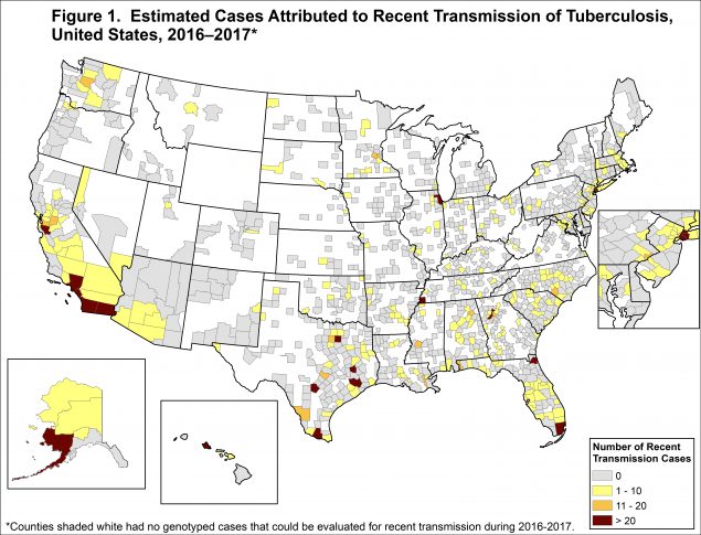 Figure 1 – Estimated Cases Attributed to Recent Transmission of Tuberculosis, United States, 2016-2017 Recent transmission is evaluated using national TB molecular surveillance data. A case is estimated to be attributed to recent transmission if a plausible source case can be identified who: has the same M. tuberculosis genotype, has an infectious form of TB disease, resides within 10 miles of the case, is 10 years of age or older, and was diagnosed within 2 years prior to the case’s diagnosis date.