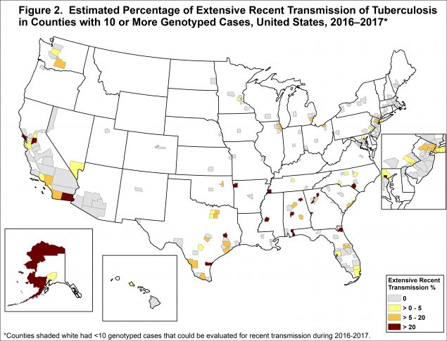 Figure 2 – Estimated Percentage of Extensive Recent Transmission of Tuberculosis in Counties with 10 or More Genotyped Cases, United States, 2016-2017 A TB case is estimated to be attributed to extensive recent transmission when the case is attributed to recent transmission using the plausible source case method, and the case belongs to a plausible transmission chain of 6 or more cases within 3 years prior to the case’s diagnosis date.