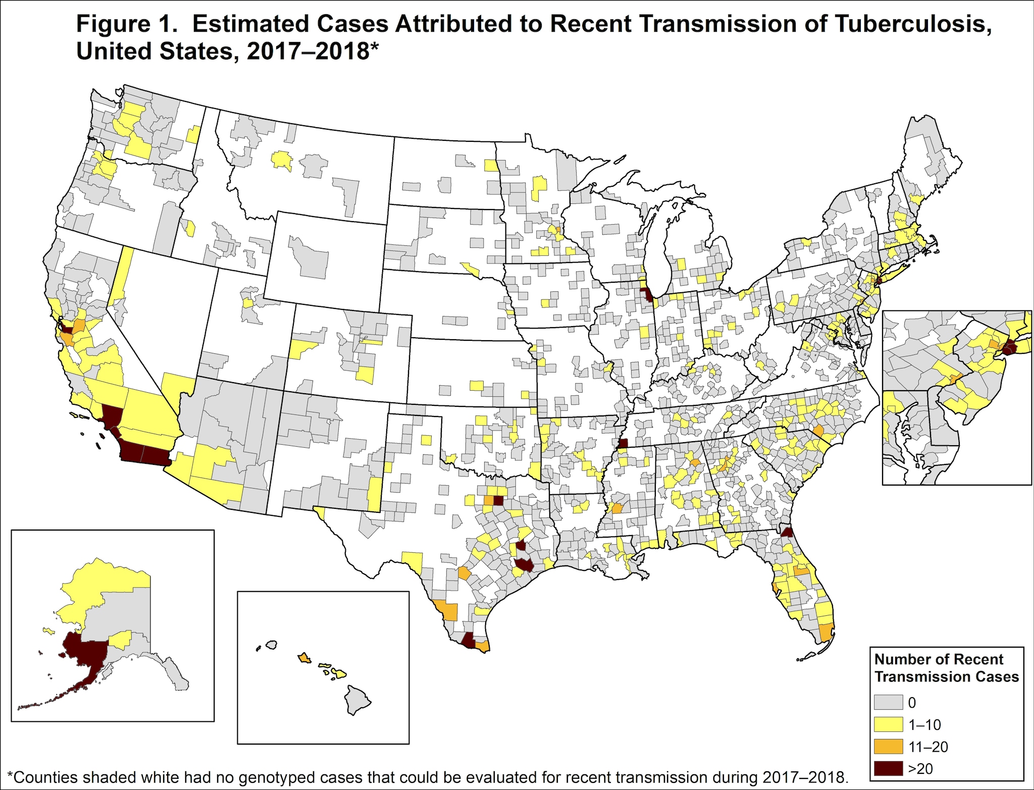 Figure 1. Estimated Cases Attributed to Recent Transmission of Tuberculosis, United States, 2017–2018 Recent transmission is evaluated using national TB molecular surveillance data. A case is estimated to be attributed to recent transmission if a plausible source case can be identified who: has the same M. tuberculosis genotype, has an infectious form of TB disease, resides within 10 miles of the case, is 10 years of age or older, and was diagnosed within 2 years prior to the case’s diagnosis date.