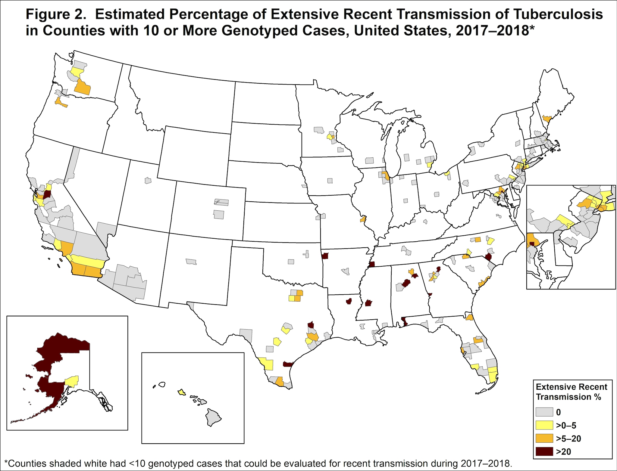Figure 2 – Estimated Percentage of Extensive Recent Transmission of Tuberculosis in Counties with 10 or More Genotyped Cases, United States, 2017–2018 A TB case is estimated to be attributed to extensive recent transmission when the case is attributed to recent transmission using the plausible source case method, and the case belongs to a plausible transmission chain of 6 or more cases within 3 years prior to the case’s diagnosis date. A map of the United States is displayed with state borders as well as county or county equivalent borders for those jurisdictions that had 10 or more genotyped TB cases that could be evaluated for recent transmission during 2017-2018. Percentages of genotyped cases attributed to extensive recent transmission are shaded by county or county equivalent to depict jurisdictions that are disproportionately affected by extensive recent transmission. All 50 states are shown; the New York City metropolitan area is represented as a zoomed in frame on the map. A total of 16 county or county equivalents had more than 20 percent of genotyped cases during 2017-2018 attributed to extensive recent transmission.