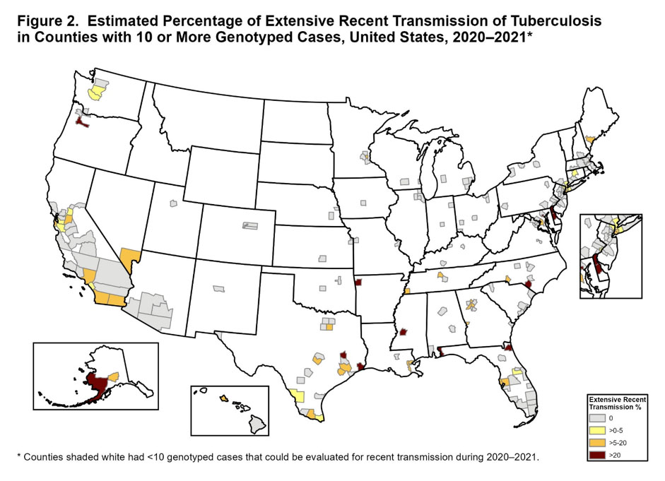 Figure 2 Figure 2. Estimated Percentage of Extensive Recent Transmission of Tuberculosis in Counties with 10 or More Genotyped Cases, United States, 2020-2021