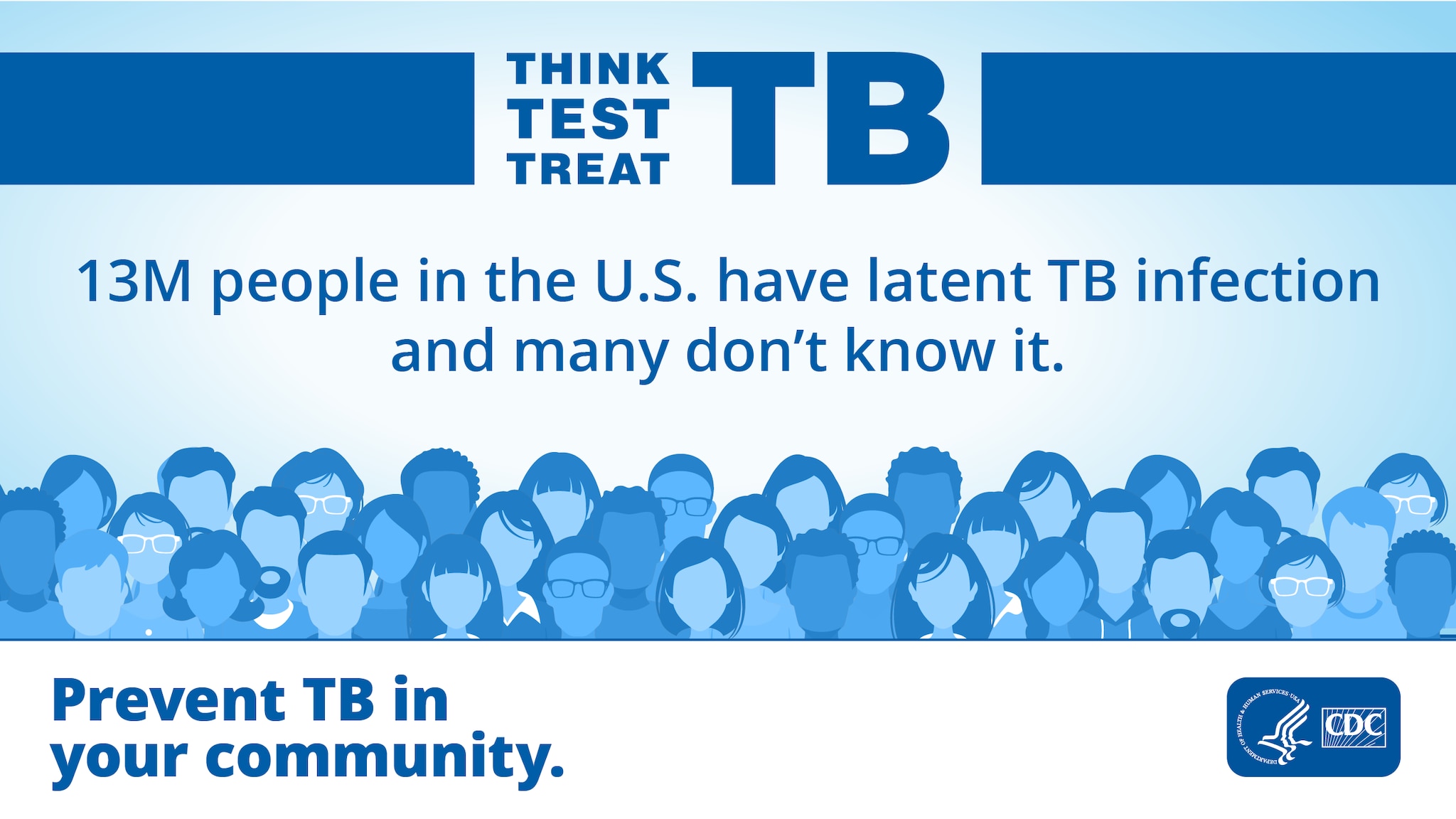 13 Million in the U.S. Have Latent TB Infection (1200 x 675px) A crowd of people is shown. Text says "13M people in the U.S. have latent TB infection and many don't know it."