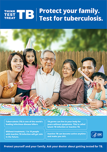 Protect your family. Test for tuberculosis. (Print Ad) A Print Ad featuring a family birthday celebration with key messages about TB.