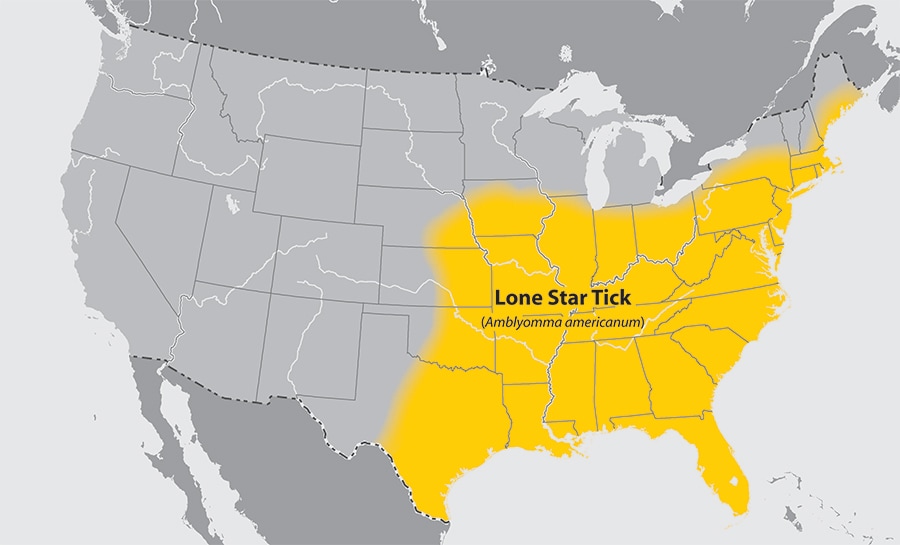 lgmap-lone_star_tick.jpg Map of the United States showing the approximate distribution of the Lone Star tick. The area affected is the eatern half of the country.