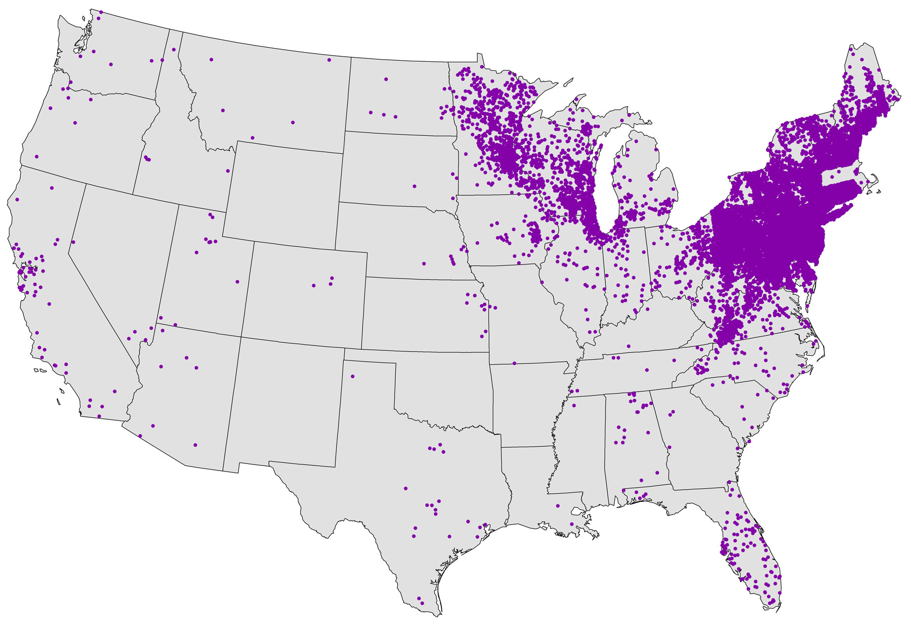 US map showing where Lyme disease cases have been reported. Cases are concentrated in the Northeastern corner of the U.S.
