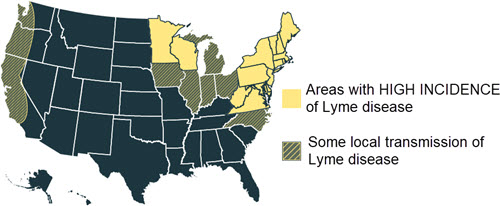 US map showing areas with high incidence of Lyme disease, and areas with local transmission