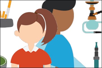 Young male and female figures surrounded by tobacco products