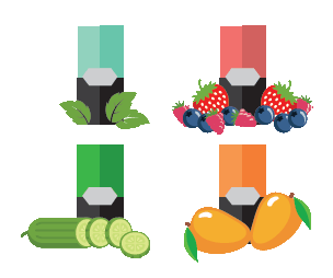 flavors Image of the flavors that can be used with e-cigarettes: strawberries, cucumbers, mint, peaches
