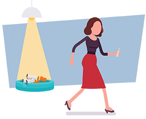 woman walking away from ashtray