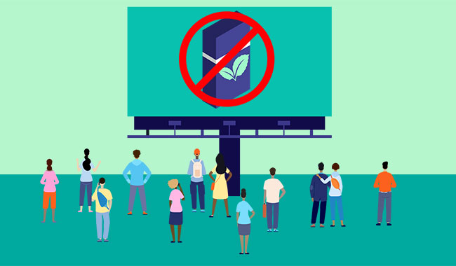 illustration with group of people in front of no menthol sign