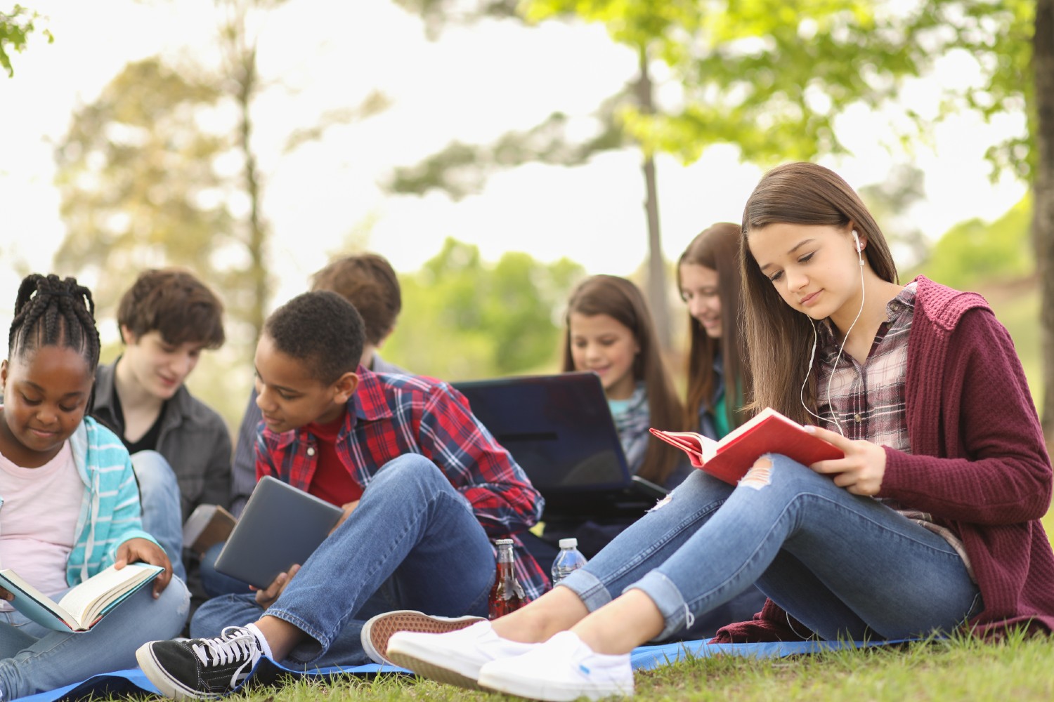 Multi-ethnic group of teenagers at park with friends.