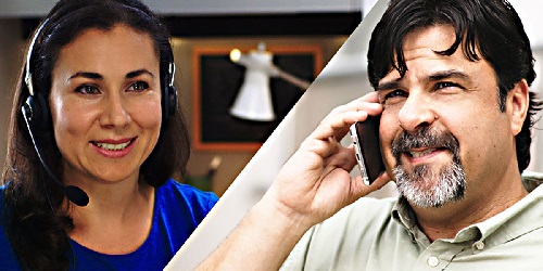 Split screen of woman with headset in call center and man on celll phone