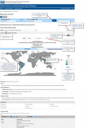1. To view data, select a Population (survey) and View By option then click GO. 2. Use this section to hide or show footnotes. 3. Click here to save the panel as PDF or download the data in CSV format. 4. Use this section to change the indicator view. 5. Use this section to select a combination of options for viewing data. 6. Use this section to change the options for viewing the data. 7. Use this section to filter the map view by the WHO region. 8. Click the +/- to zoom in or out respectively, until maximum or minimum limit is reached. Click the refresh button to view the default map position and zoom level. Double clicking anywhere on the map invokes the zoom feature as well. 9. The colors on the legend explain the colors on the map. 10. Use the Legend Settings to view options for the classification type and to change the number of classes shown on the map legend.