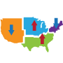 Map of the United States showing the increase in South and Midwest and decline in the tobacco products in the Northeast and West