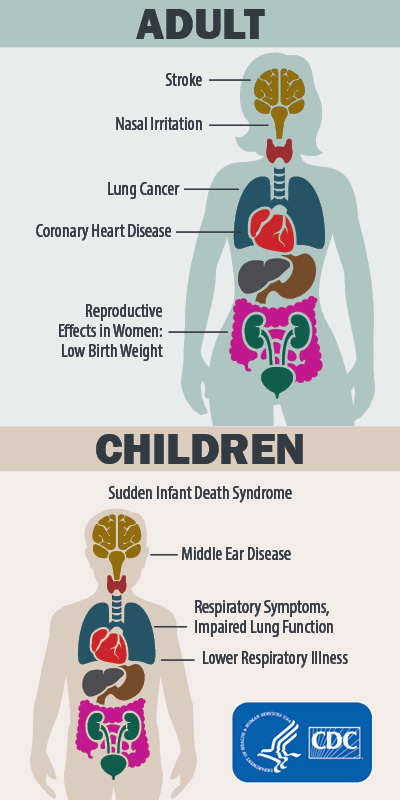 SNS web graphic mobile Diagram showing health effects in adult body stroke, nasal irritation, lung cancer, coronary heart disease, and reproductive effects in woman. children health effects SIDS, middle ear disease, impaired lung function, lower respiratory illness,