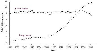 women2.jpg_4611d Age-adjusted death rates for lung cancer and breast cancer among women, United States, 1930-1997