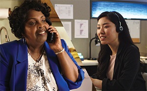 Split screen of woman on a call with insurance representative Split screen of woman on a call with insurance representative