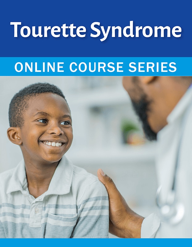 Tourette Syndrome: Online Course Series Graphic with images of doctor placing hand on child's shoulder and Pedialink training home page. Text reads, "Tourette Syndrome Online Course Series"