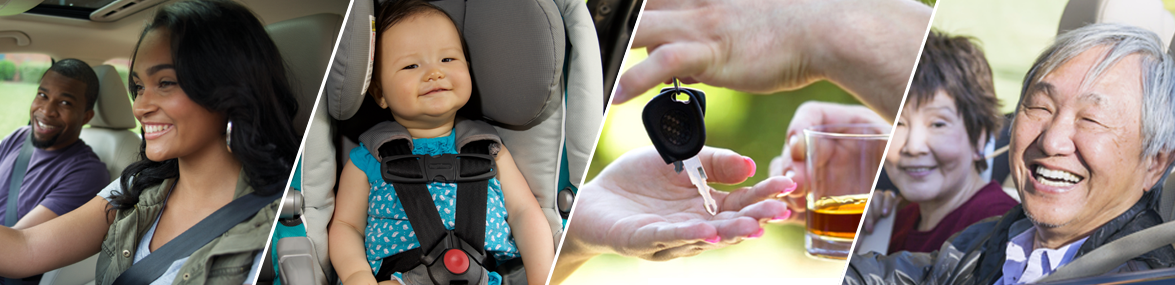 Banner collage featuring a young woman driving with a passenger, an infant in a car seat, a person with a glass of alcohol handing over car keys, and two older adults in a car