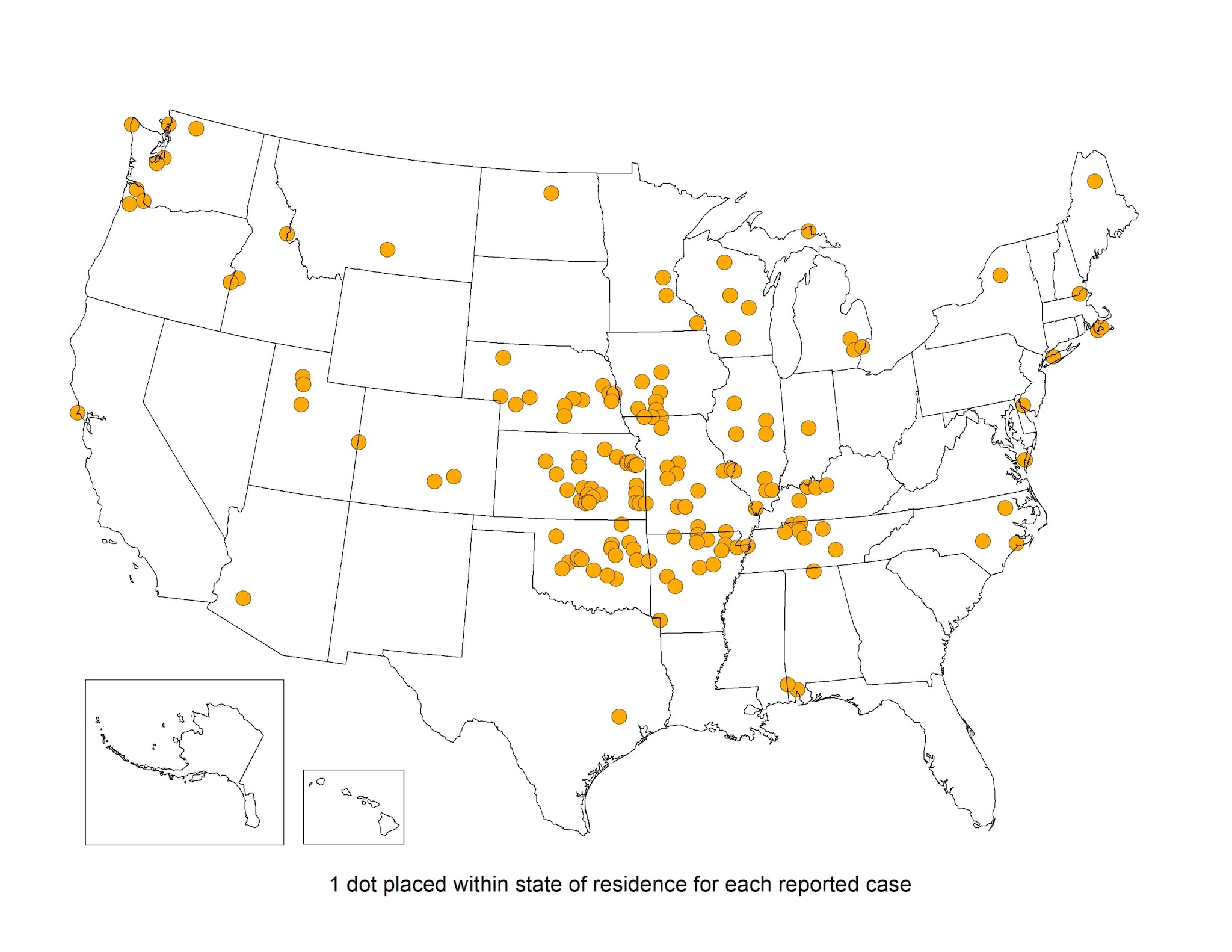 Map of the U.S. showing states with reported cases of Tularemia.