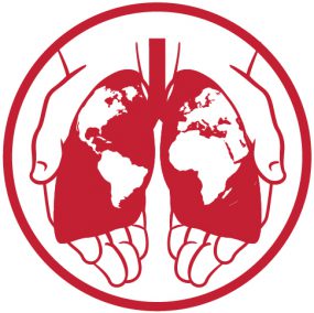 CureTB Logo Red Two hands holding a pair of lungs, with globe superimposed on top