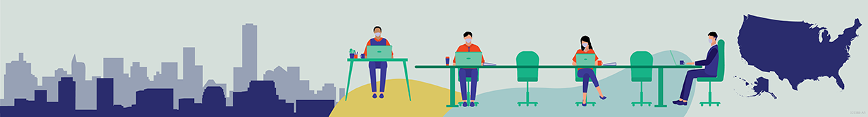 planning-partnership-banner Illustration of office workers in masks at a desk in the United States.