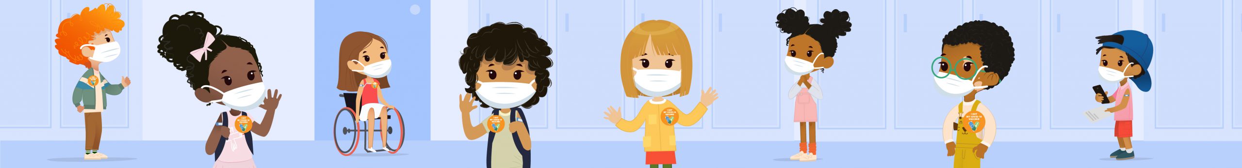 Illustration of eight children of different races and genders wearing "I got my COVID-19 vaccine" sticker.