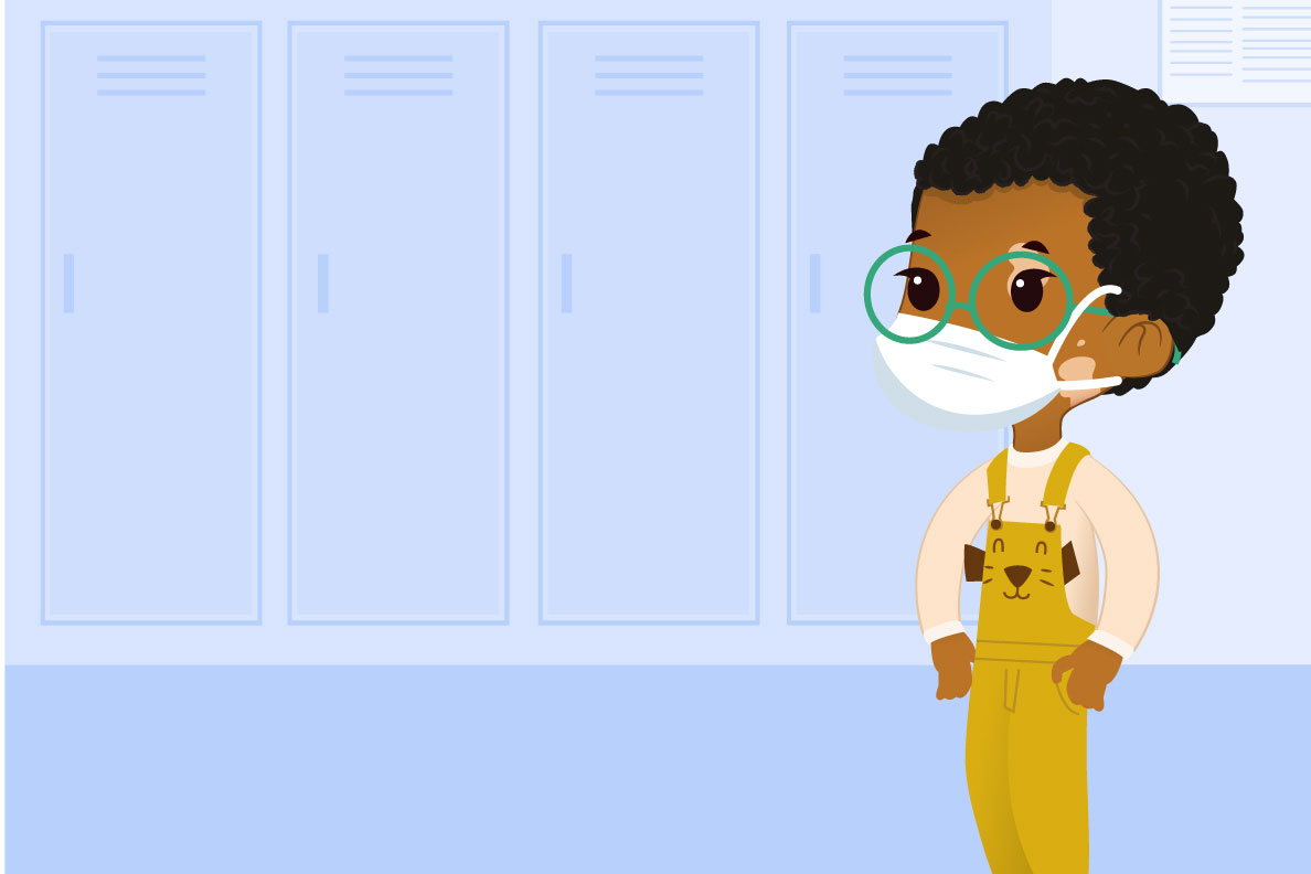 Illustration of a vaccinated child wearing "I got my COVID-19 vaccine" sticker