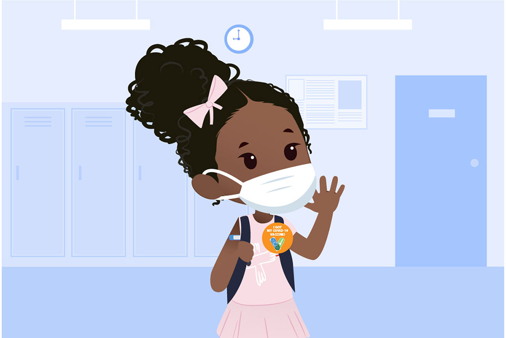 Illustration of a vaccinated child waving and wearing "I got my COVID-19 vaccine" sticker