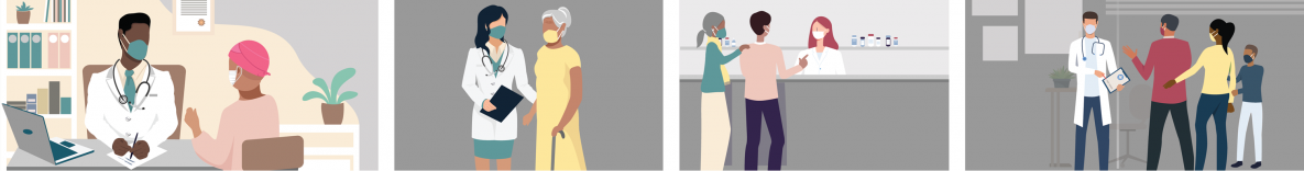 recipient-education-banner Illustrations of healthcare professionals talking to patients about COVID-19 vaccination.
