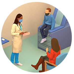 illustration-doctor-patient Illustration of doctor and two people.