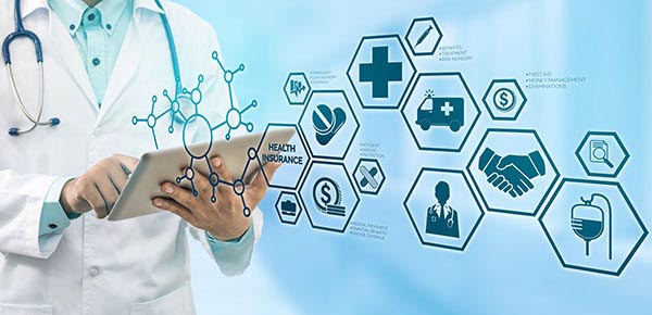 Doctor using a tablet, multiple icons overlaid