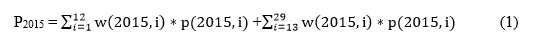 nis-child-report-equation-01 Equation shows how an estimate of vaccination coverage from the 2015 National Immunization Survey-Child can be expressed as a weighted average of vaccination coverage estimates for each group of children with the same birth month and year.