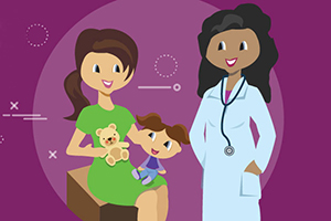 Illustration of child sitting on mother's lap while talking to a doctor