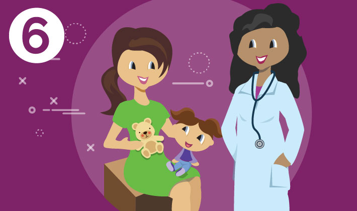 mother sitting with her child on her lap and a teddy bear in her right hand talking with a doctor