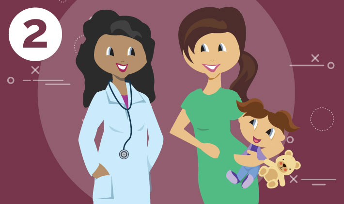 doctor talking with a mother holding her child and a teddy bear in her left arm