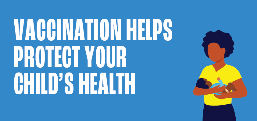 childvax-3 Vaccination helps protect your child's health. Illustration of mother holding baby.