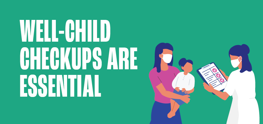 chilldvax-2 Well-Child checkups are essential. Illustration of a parent holding a child talking to a healthcare provider.