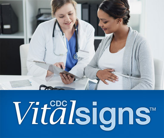 vitalsigns-maternal-vaccines Logo: CDC Vitalsigns. Photo: female doctor showing information to pregnant woman.