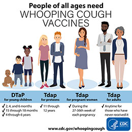 Graphic depicting young children, preteens, pregnant women, and adults, all of which need whooping cough vaccines.