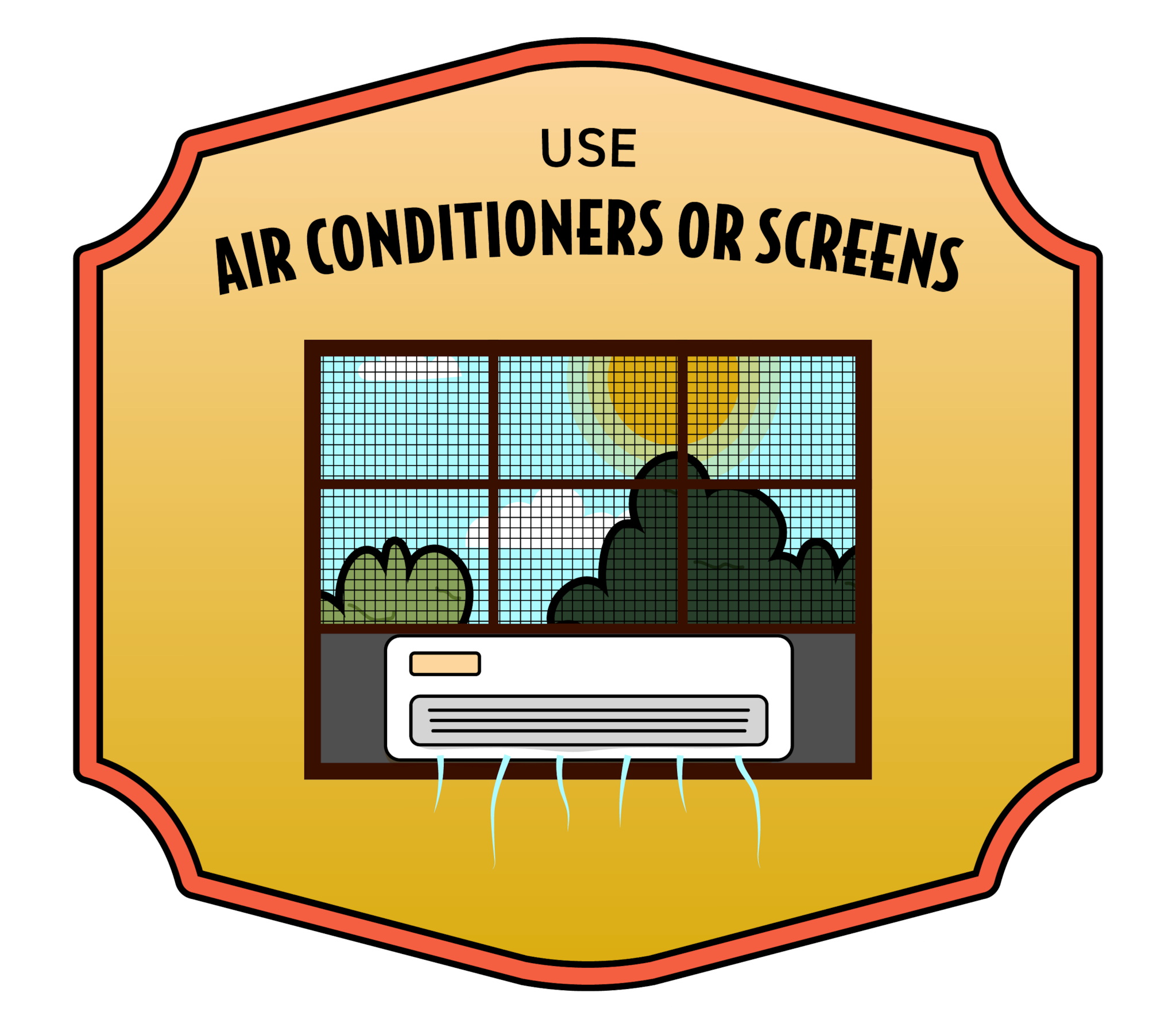 Fight the Bite personal protective behavior badge showing window screens and air conditioning.