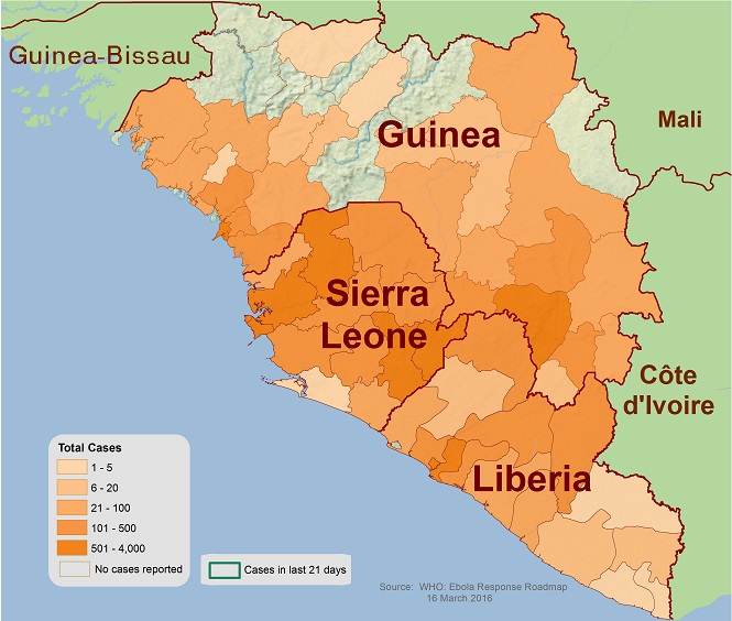 Distribution Map Showing Districts and Cities Reporting Suspect Cases of Ebola Distribution map showing districts and cities reporting suspect cases of Ebola. The image data is described in the HTML table below.
