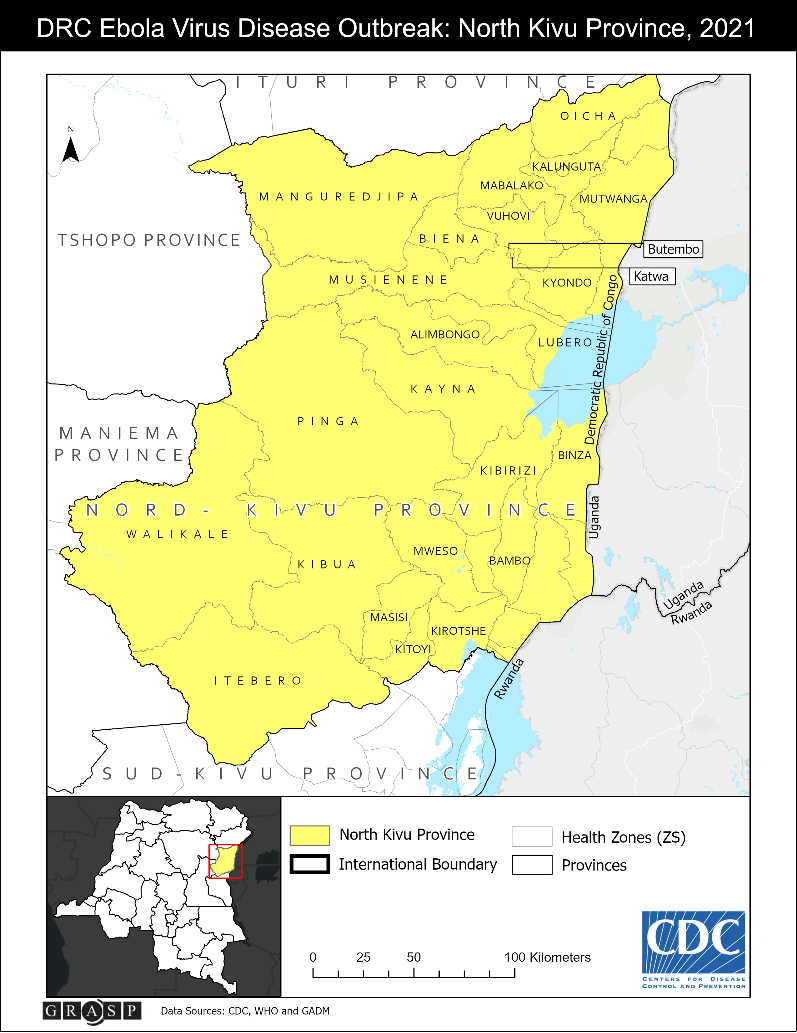 DRC Ebola Virus Disease Outbreak: North Kivu Province, 2021 Map showing Ebola Virus Disease Outbreak in DRC North Kivu Province, February 2021